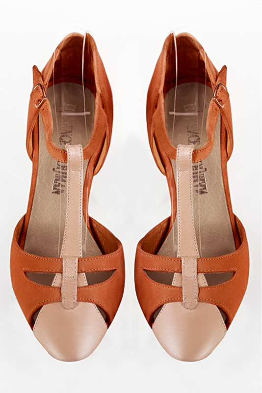 Powder pink and terracotta orange women's T-strap open side shoes. Round toe. High kitten heels. Top view - Florence KOOIJMAN